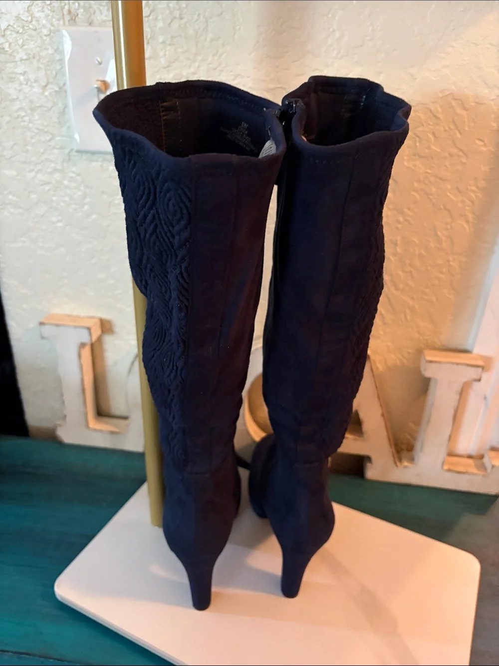 Women's Navy Knee-High Suede Heeled Boots